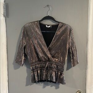 DALIN Metallic Bronze Silver 3/4 Sleeve Wrap Peplum Blouse Size S‎